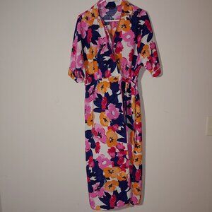 LCW Vision Waikiki Floral Print Dolman Cuffed Sleeve Maxi Dress Sz 40 Blue Pink
